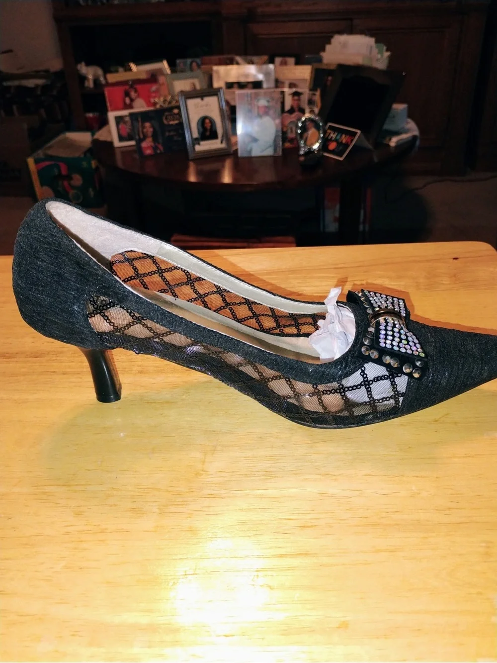 Black Mesh Pointed Toe Heels with Rhinestone Bow
